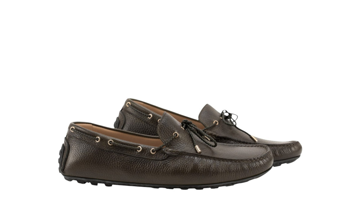 1200$ TESTONI Driver Loafer Shoes Karibu Calf Army + Gold 8 UK / 9 US / 42 IT