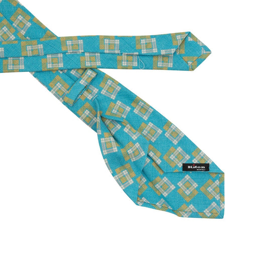 $330 KITON NAPOLI 7 - Fold Tie Geometric Blue Sky 100% Silk  148cm - 8.5cm