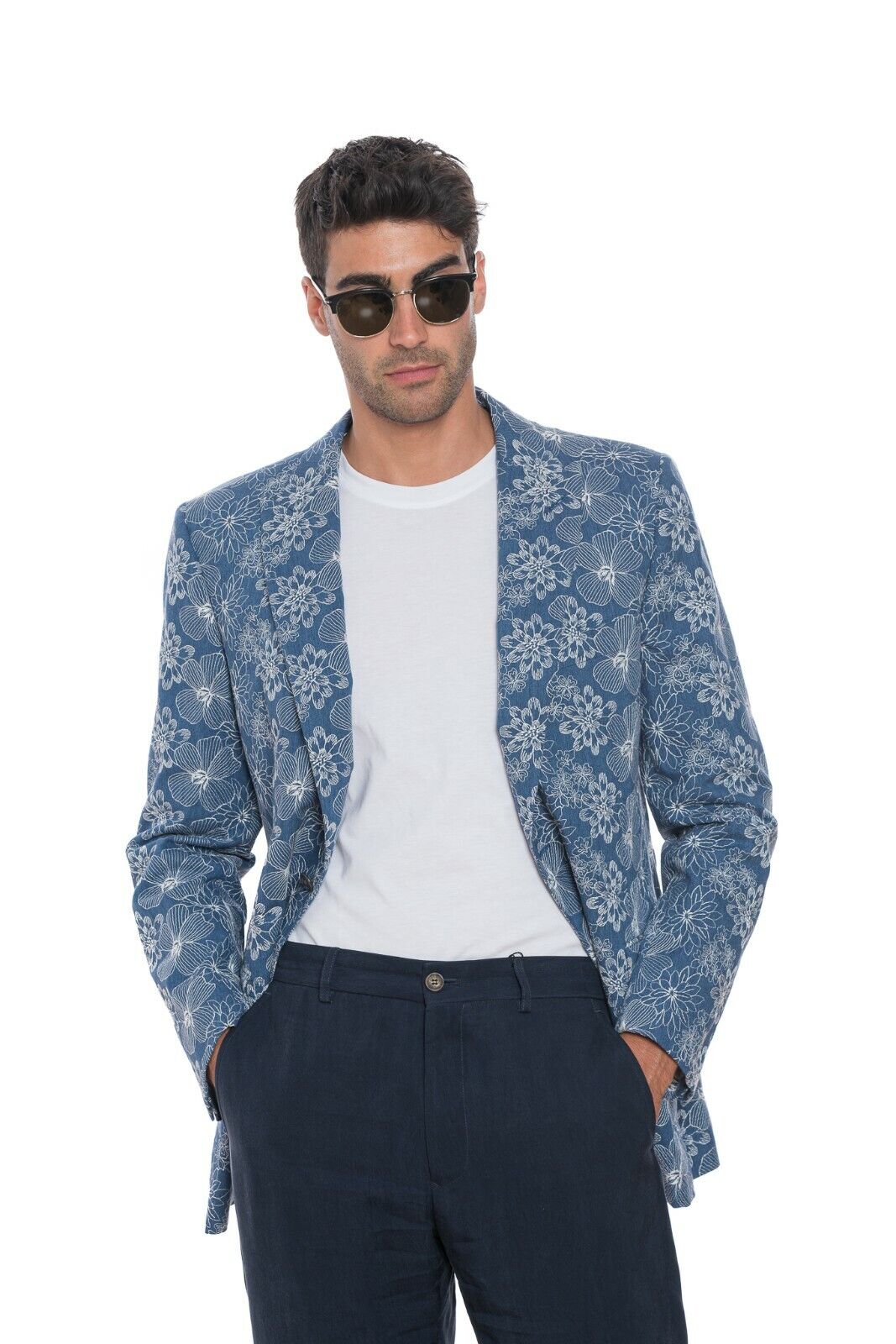 2450$ BELVEST Blue Cotton Flowers Jacket Blazer Work of Art 42 US / 52 EU 7R