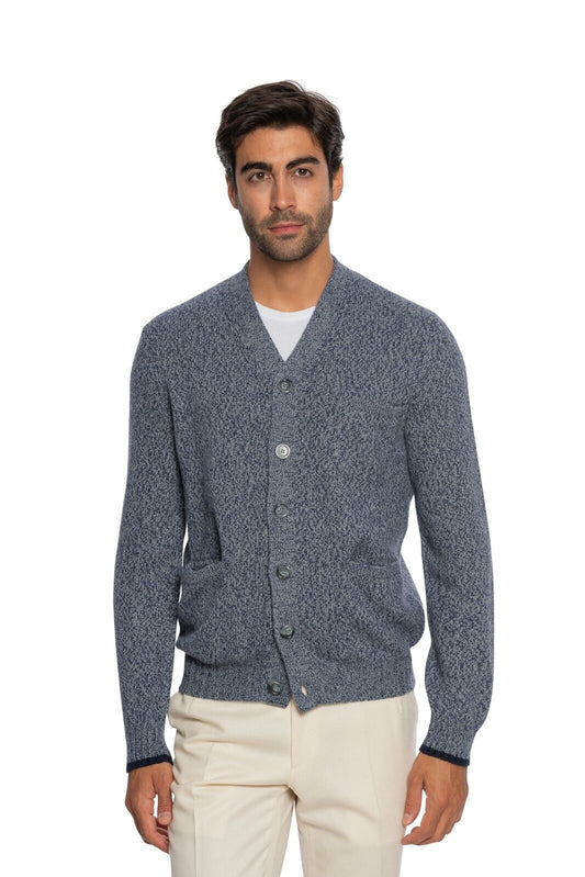 $1500 FEDELI CASHMERE Blue Sweater Cardigan Mouline 100% Cashmere 40 US / 50 EU