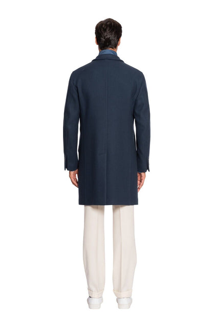 $1800 BOGLIOLI MILANO Blue Single Breasted Solid Long Coat Heavy Twill Wool