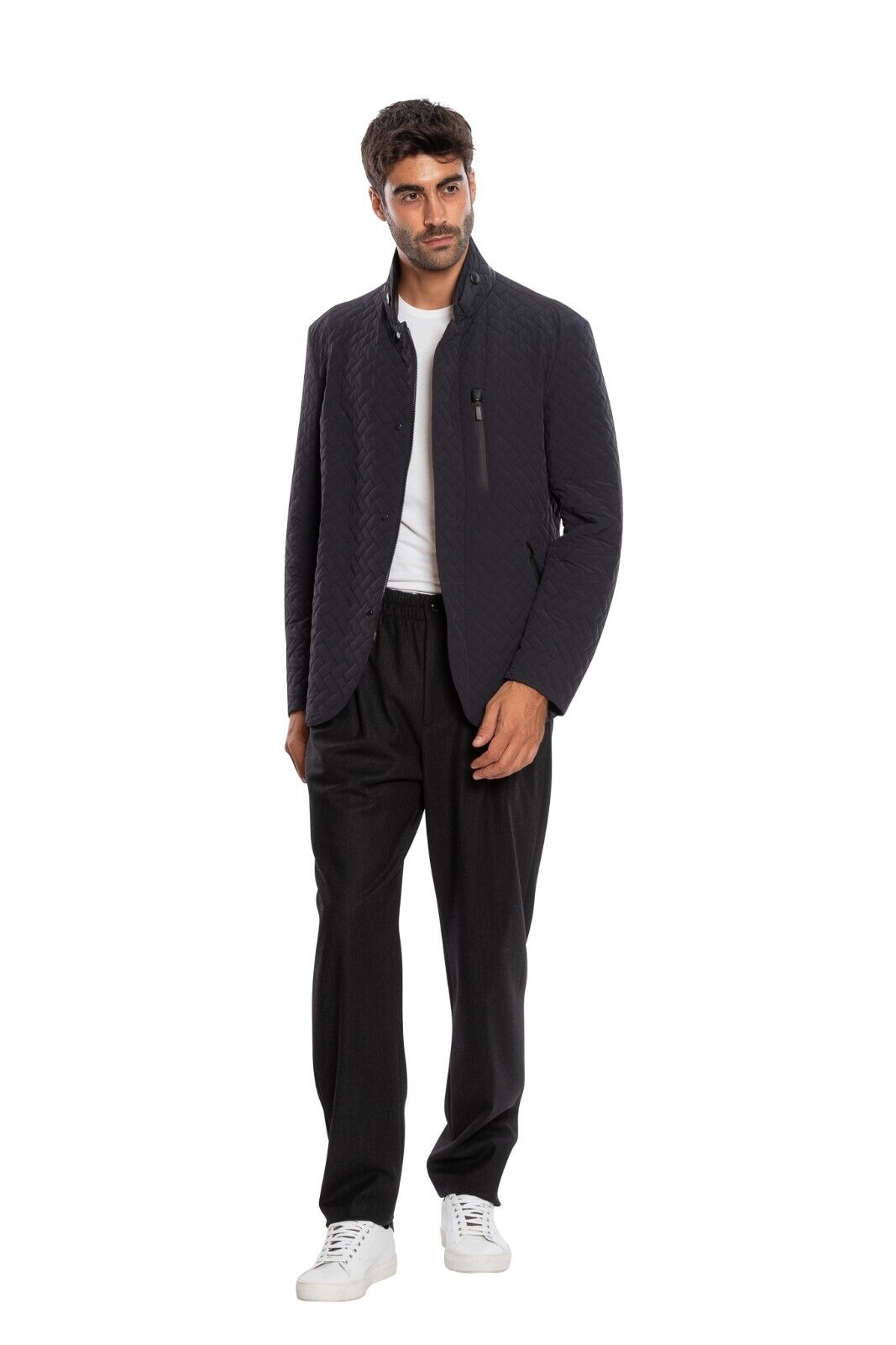 2200$ GIORGIO ARMANI Jacket Blouson Chevron Motif Leather Details Dark Blue