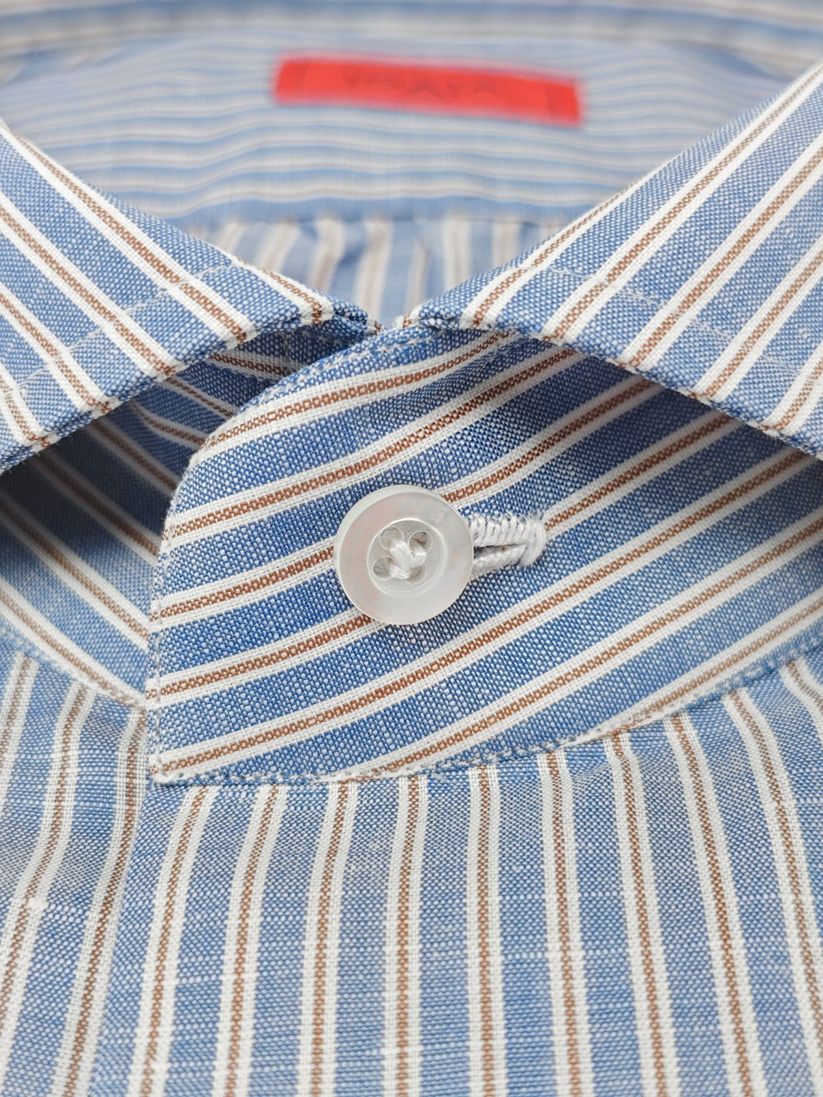 780$ ISAIA NAPOLI "Mix" Blue / White Dress Shirt Striped Cotton Linen 17.5 - 44