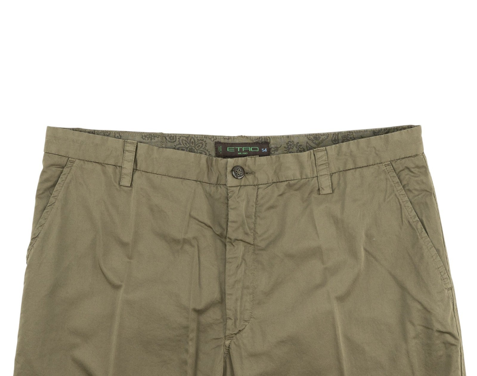 780$ ETRO MILANO Olive Green Fine Cotton Pant Straight Leg 38 US / 54 EU