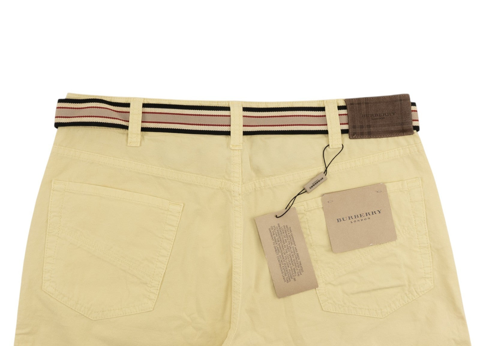 800$ BURBERRY Light Yellow Pant 5 Pocket Belt Chino Cotton Pant Slim Straight