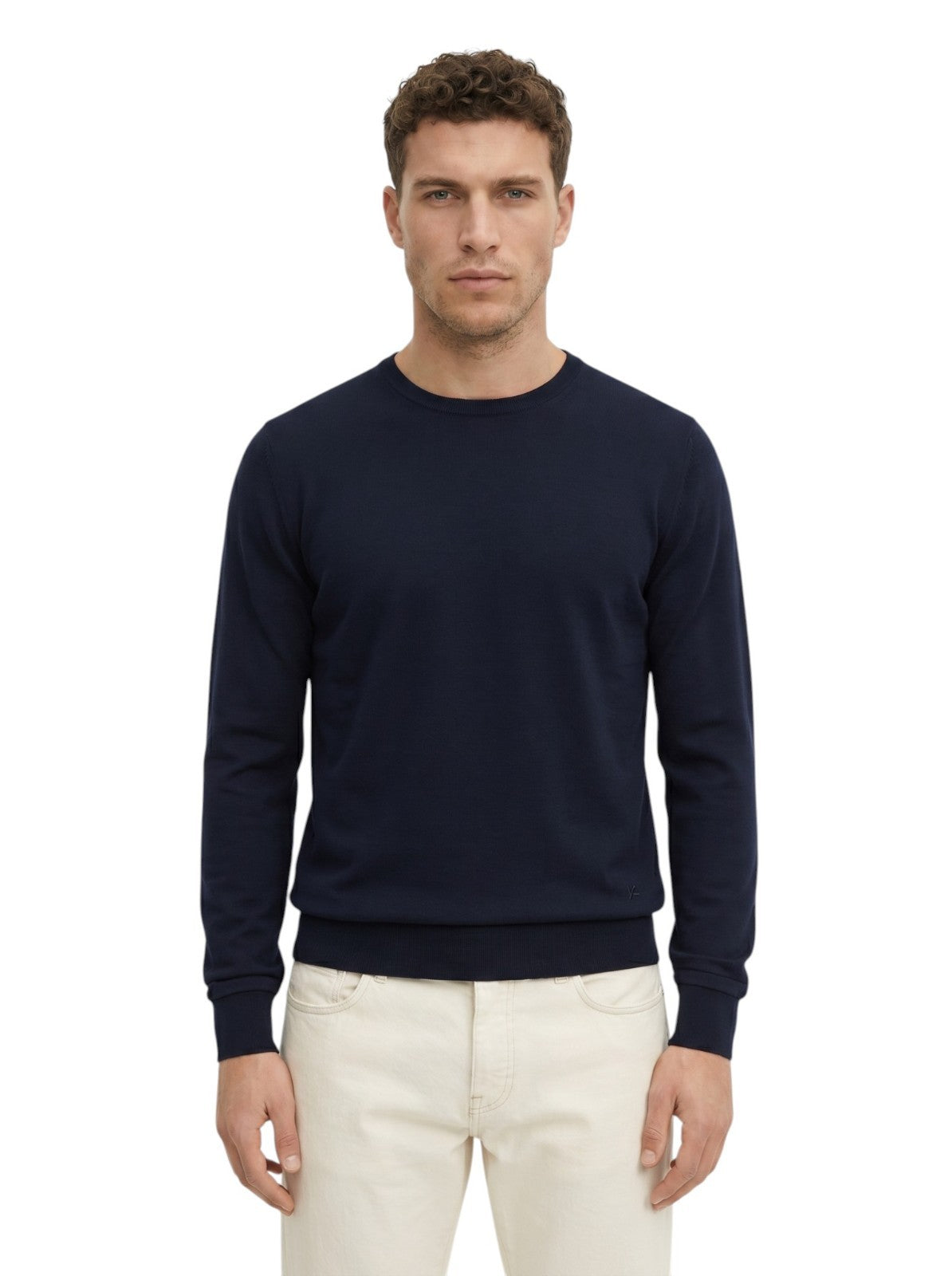 1100$ ISAIA NAPOLI Blue Midnight Crewneck Sweater Fine Wool Tailored Fit