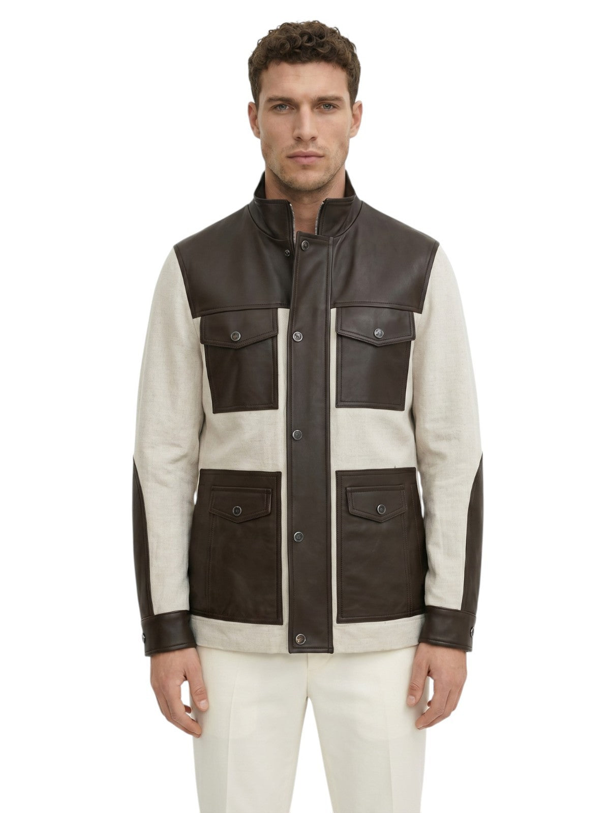 4890$ ISAIA Brown / Ivory Field Jacket Linen - Cotton - Lambskin 38 US / 48 EU