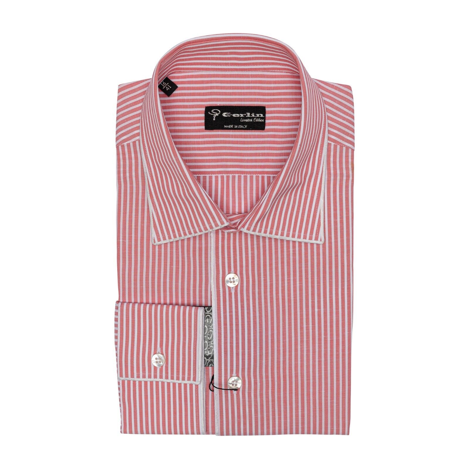 690$ LUXURY GERLIN Shirt Striped Peach Cotton & Linen 16 - 41  2N BIJAN