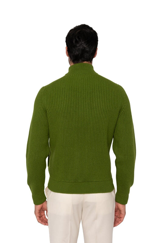 $1900 FEDELI CASHMERE Cardigan Sweater Full Zip 100% Ribbed Cashmere Pesto Green