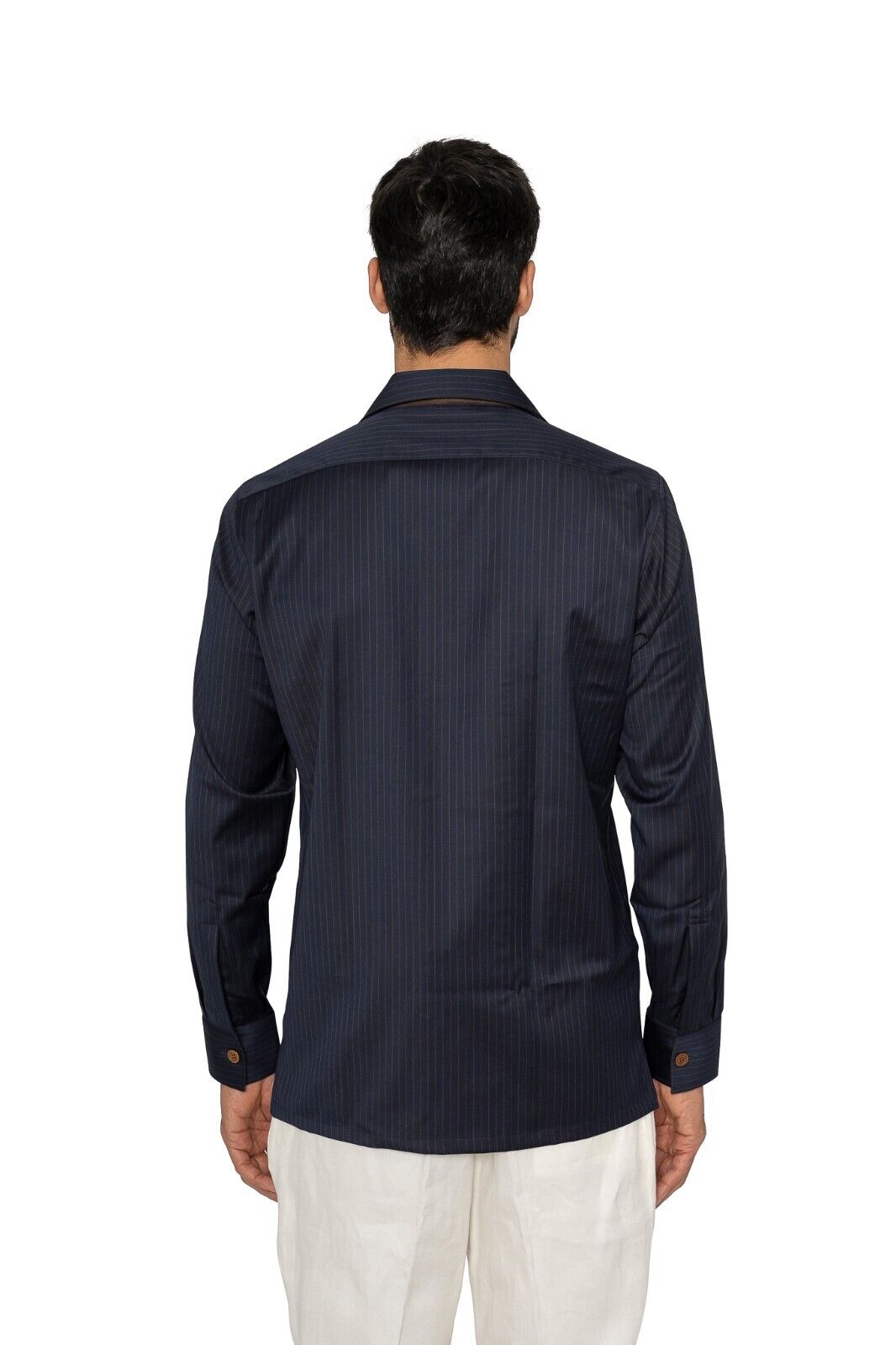 1400$ LUXURY MAROL BOLOGNA Striped Shirt Blue Double Cotton LORO PIANA 15.5 - 39