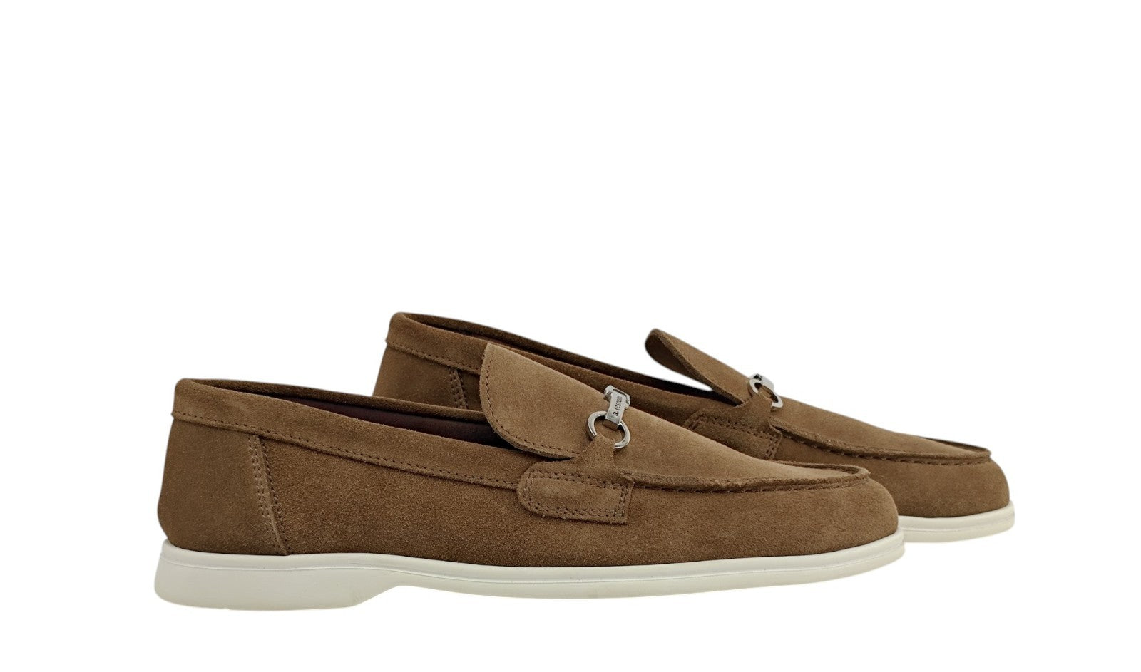 1100$ TESTONI Unlined Boat Loafer Suede + Metal Calf Brown  8 UK / 9 US / 42 IT