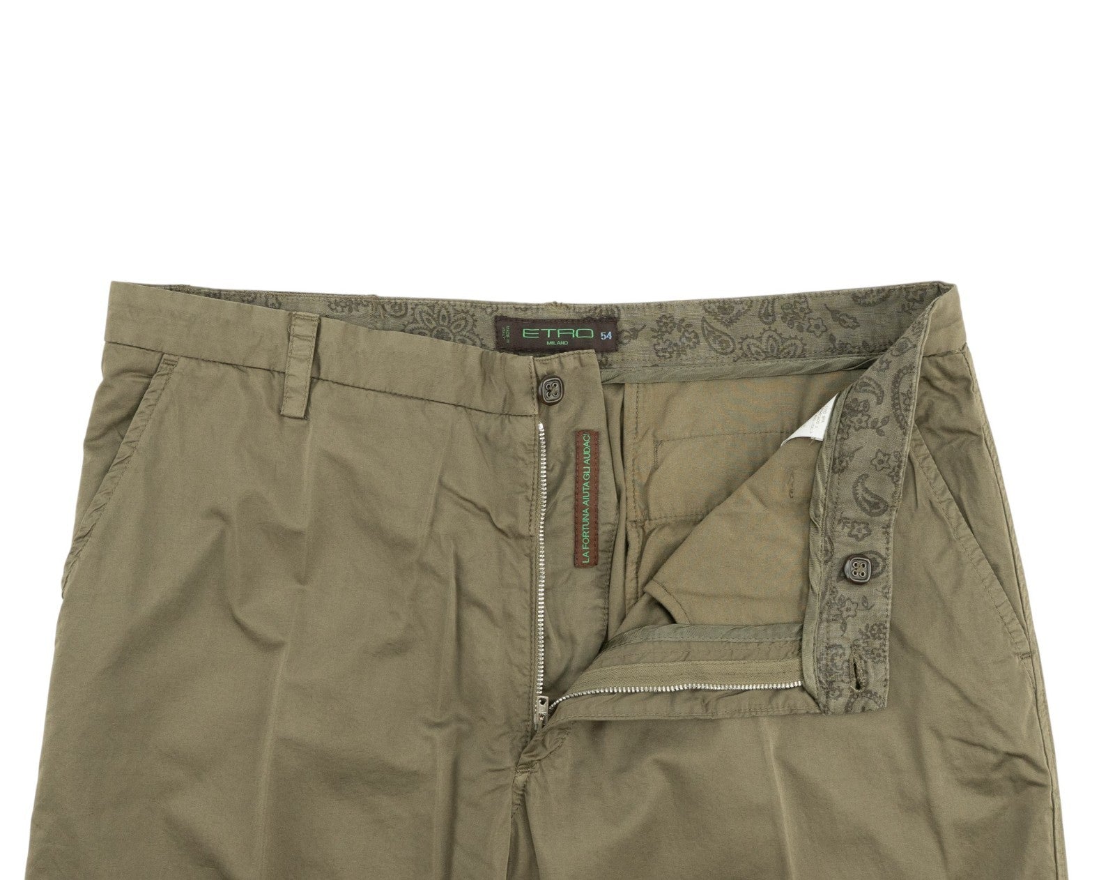 780$ ETRO MILANO Olive Green Fine Cotton Pant Straight Leg 38 US / 54 EU