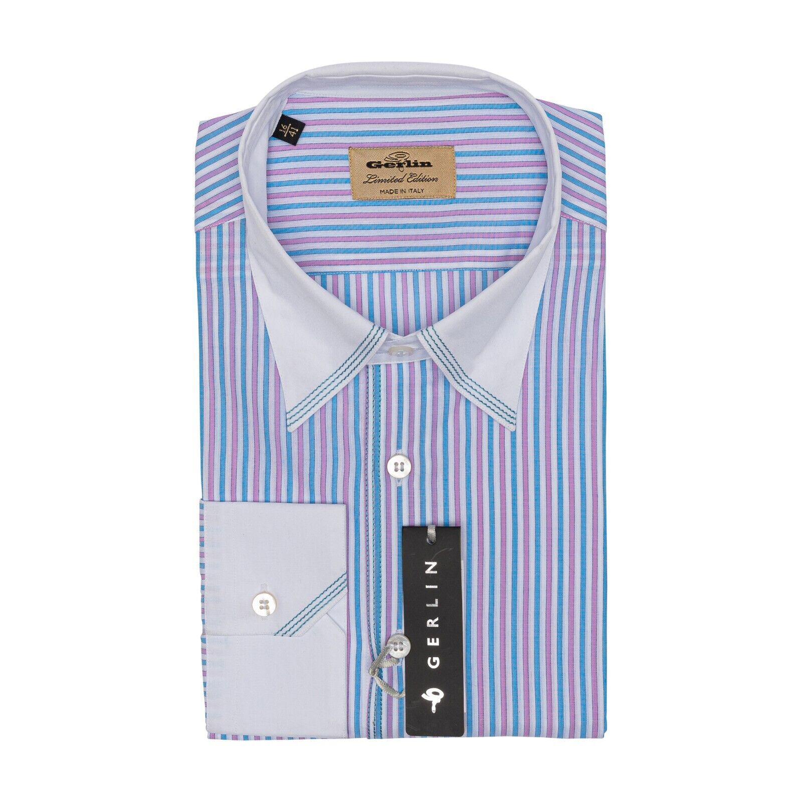 690$ LUXURY GERLIN Shirt Striped Point Blue Cotton 16 - 41 2Q ZILLI