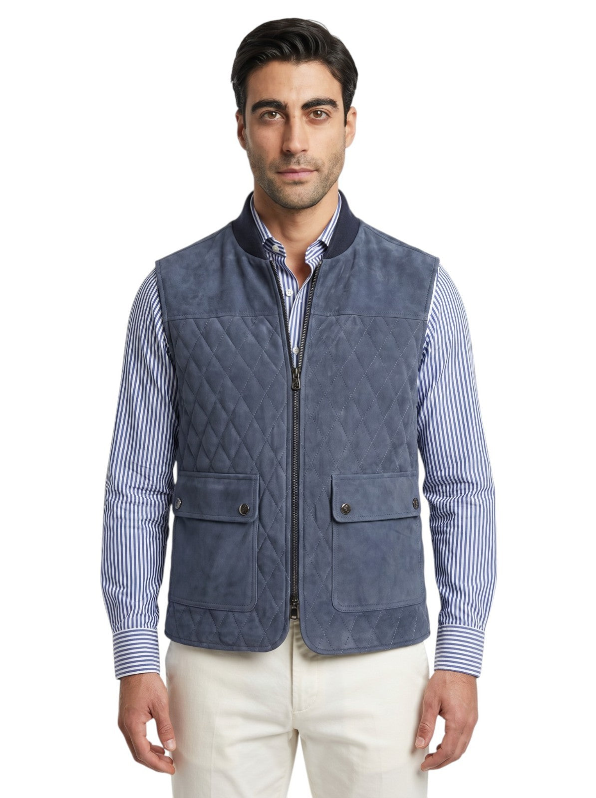 4200$ ISAIA NAPOLI Slate Blue Quilted Vest Jacket Lambskin Leather 42 US / 52 EU