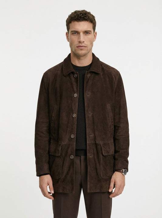 SALFRA Brown Suede Leather Field Jacket Coat Rib Collar Made Italy 40 US / 50 IT