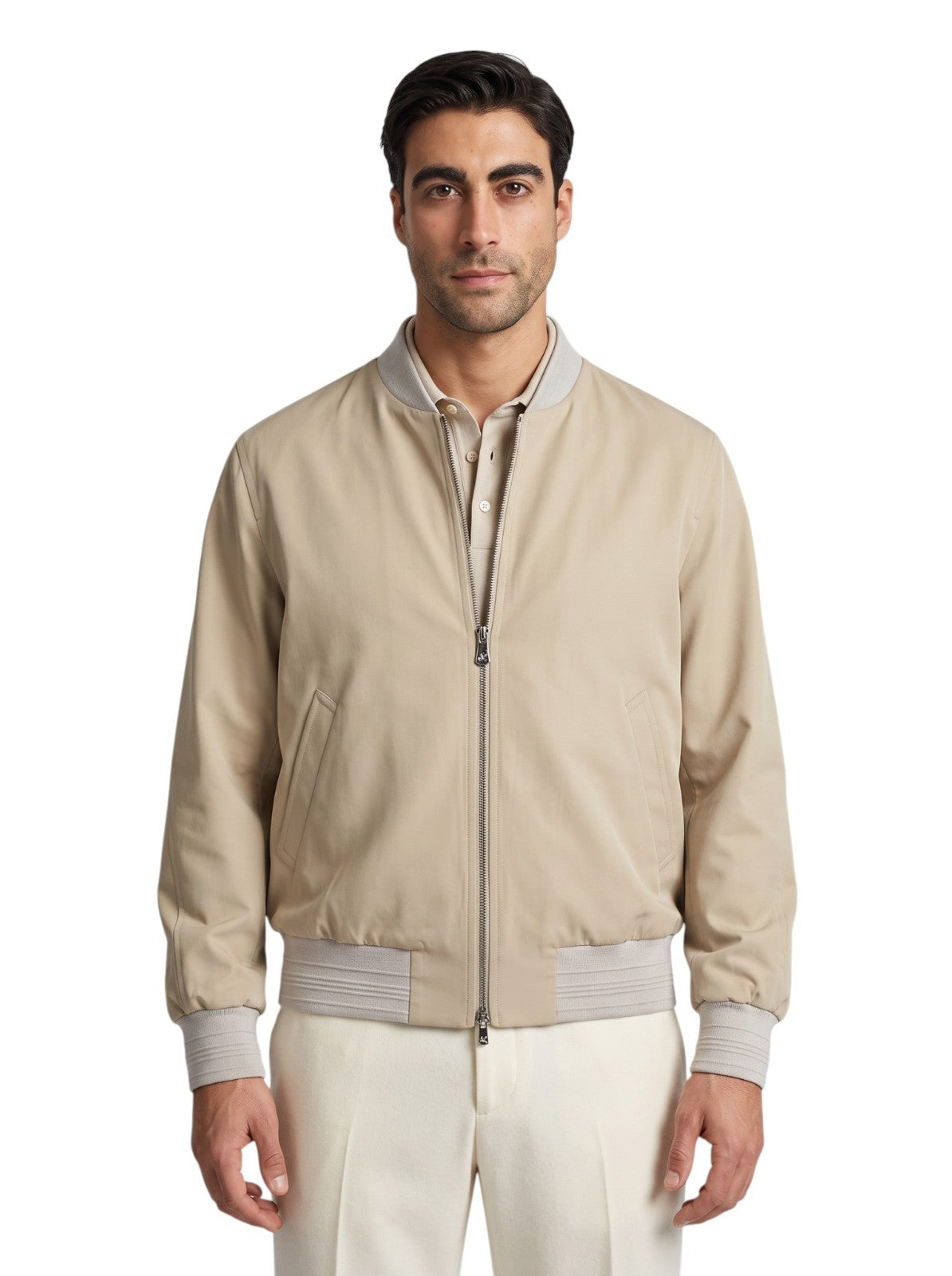 $3500 ISAIA Techno Cotton Silk Aqua Varsity Jacket Water Repellent Light Beige