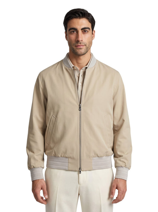 $3500 ISAIA Techno Cotton Silk Aqua Varsity Jacket Water Repellent Light Beige