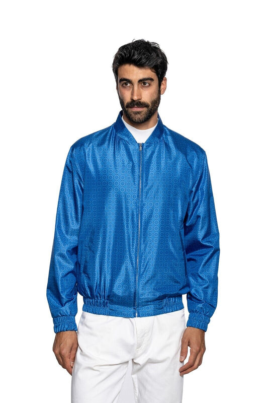 2000$ ITALO FERRETTI Bomber Jacket Blue "Geometric" 100% Silk 42 US  52 EU BIJAN