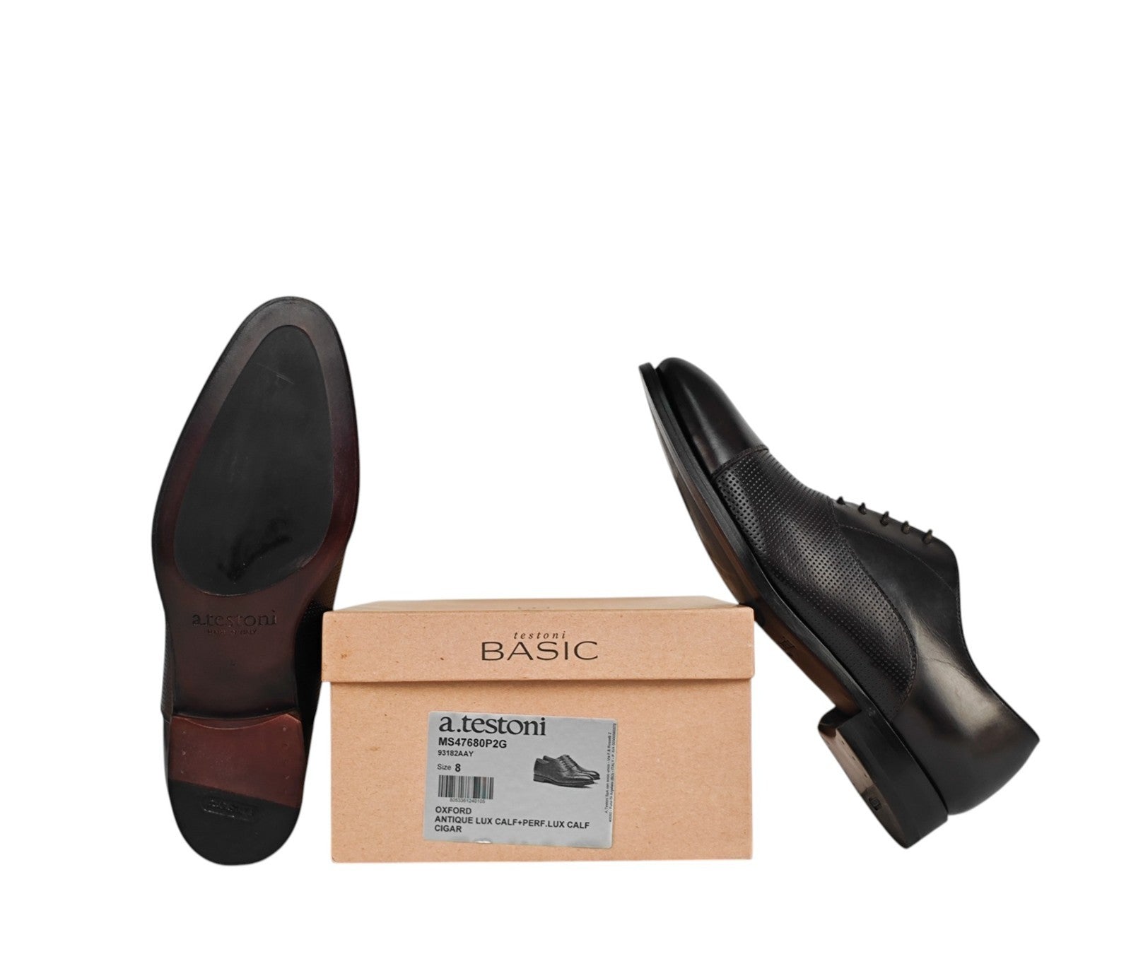 1200$ TESTONI 1929 Oxford Shoes Perforated Antique Calf Cigar 8 UK 9 US 42 IT