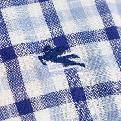 500$ ETRO MILANO Shirt Checks Blue Button Down 100% Linen Size 15.75 - 40