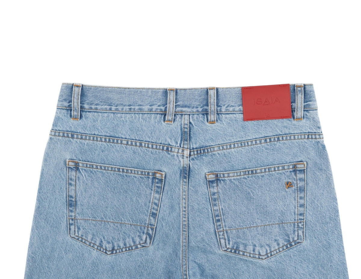 795$ ISAIA NAPOLI Light Blue Denim Jeans Pant Cotton - Leather Tag Straight Leg