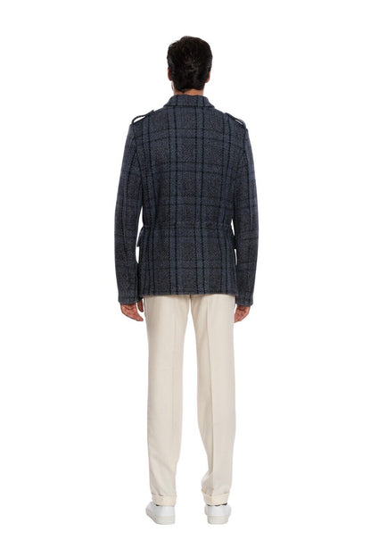 $1900 BOGLIOLI MILANO Blue Safari Coat Check Wool Silk Linen 40 US / 50 EU