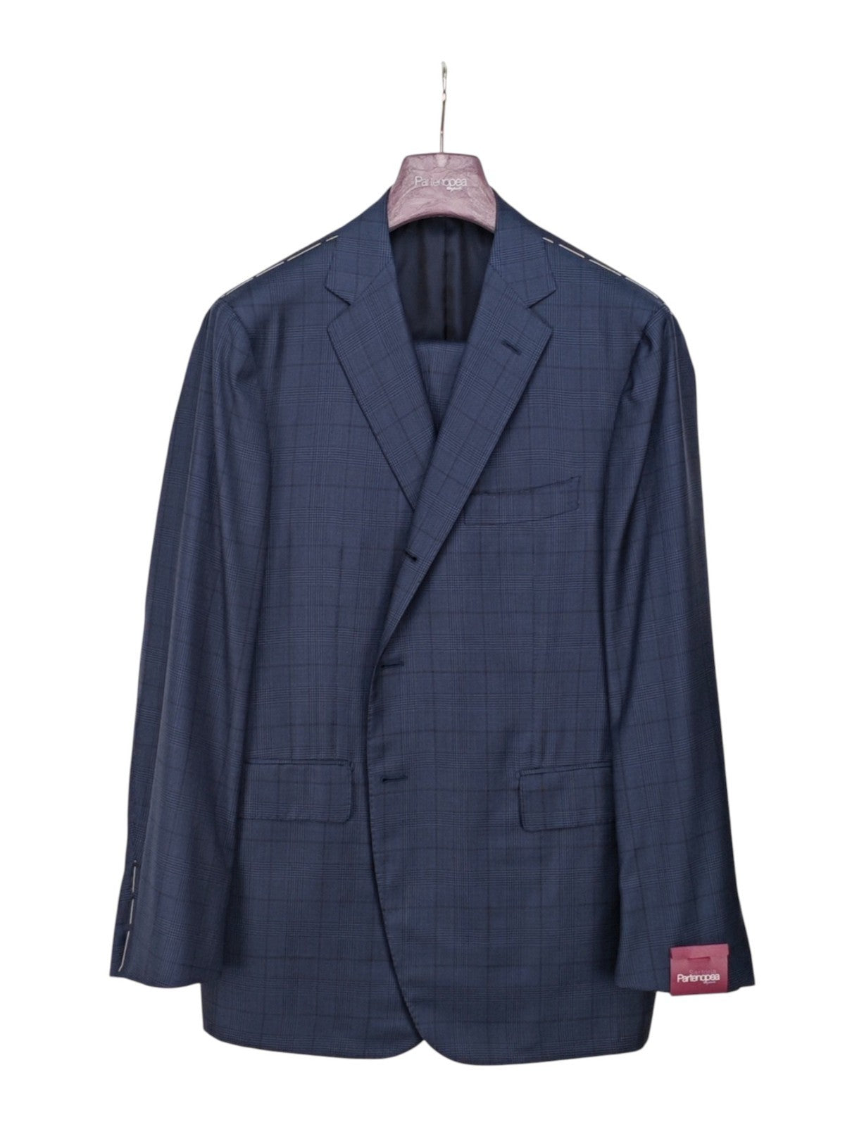 $2500 SARTORIA PARTENOPEA NAPOLI Handmade Blue Check Suit Wool Silk  46 US 56 EU