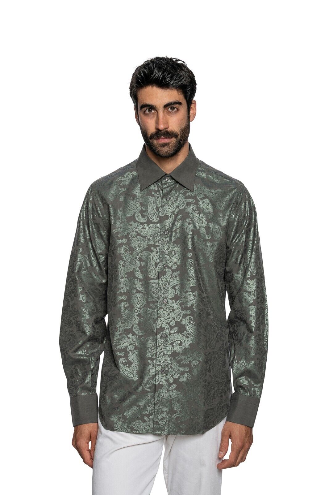 1200$ ITALIAN LUXURY FABIO CAVIGLIA Shirt Metallic "PAISLEY" 100% Cotton Size L