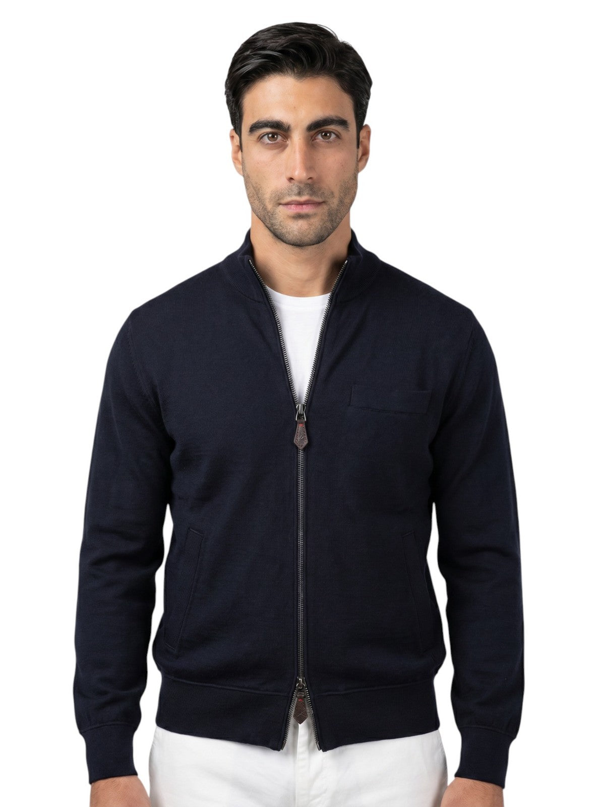 $1750 ISAIA NAPOLI Dark Blue Bomber Track Jacket Knit Wool Size S