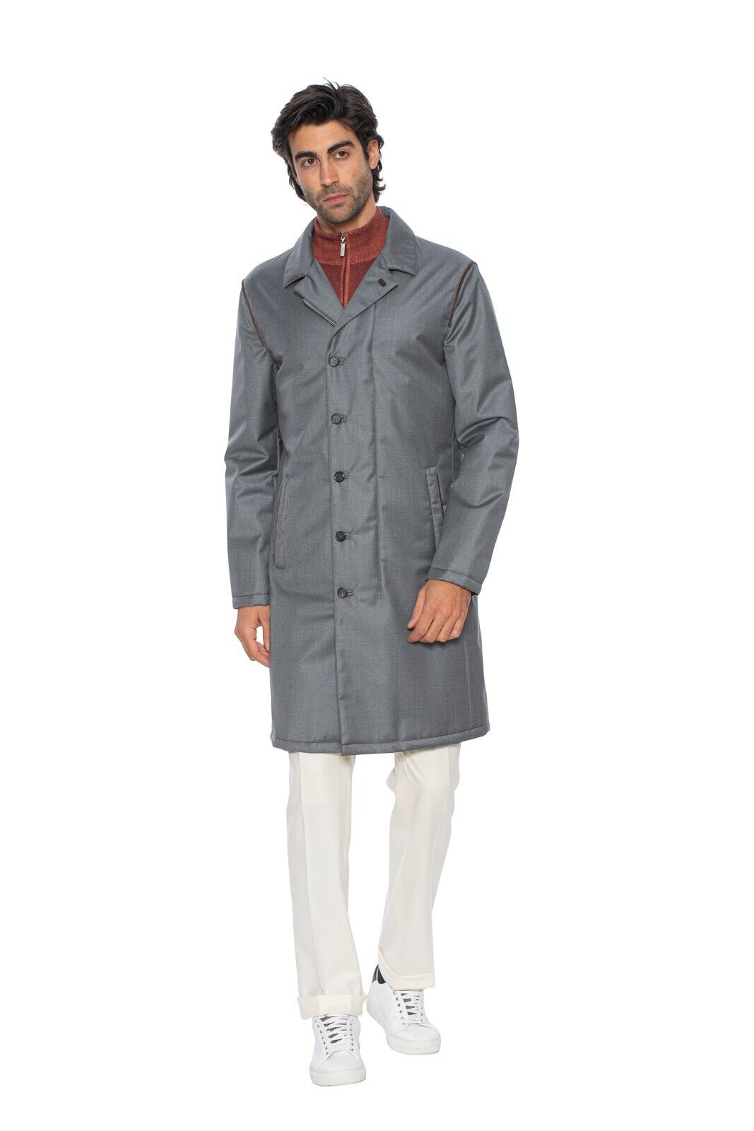 $4200 HETTABRETZ Gray Coat Wool Leather Silk Water-resistant 40 US / 50 EU Slim