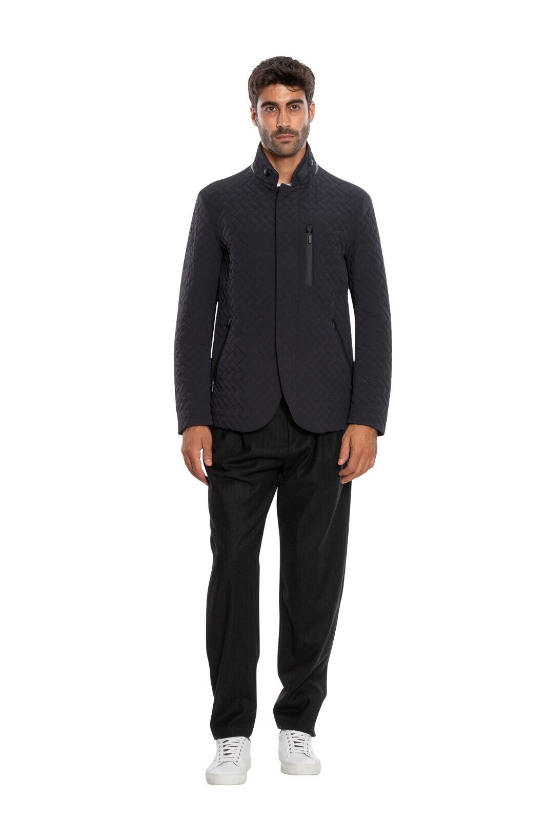 2200$ GIORGIO ARMANI Jacket Blouson Chevron Motif Leather Details Dark Blue