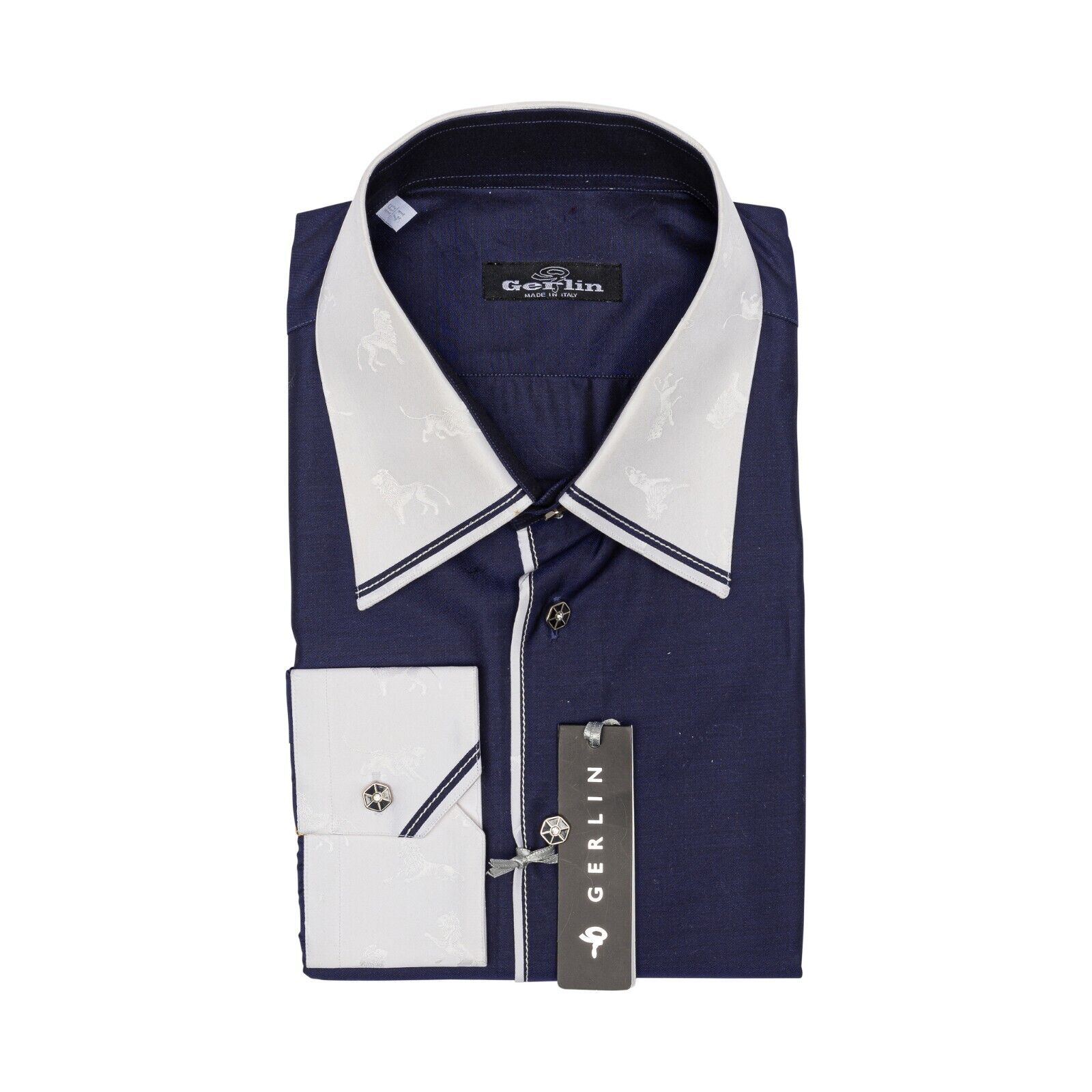 750$ LUXURY GERLIN Shirt "LIONS" Blue ALUMO Cotton 16 - 41 6P BIJAN