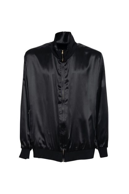 2000$ ITALO FERRETTI Bomber Jacket TOTAL BLACK 100% Silk SATIN 40 US 50 EU BIJAN