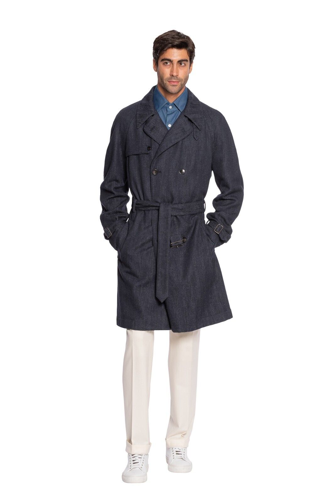 $2200 BOGLIOLI Double Breasted Blue Trench Coat Cashmere Blend 42 US / 52 EU
