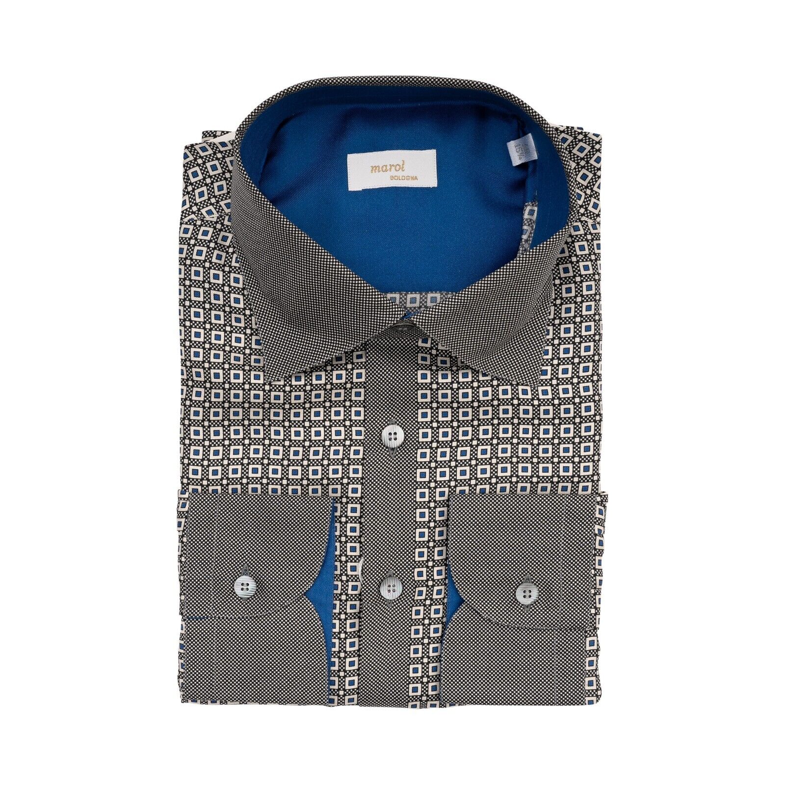 1400$ MAROL BOLOGNA Geometric Shirt Gray / Blue 100% COMO SILK Satin  15.75 - 40