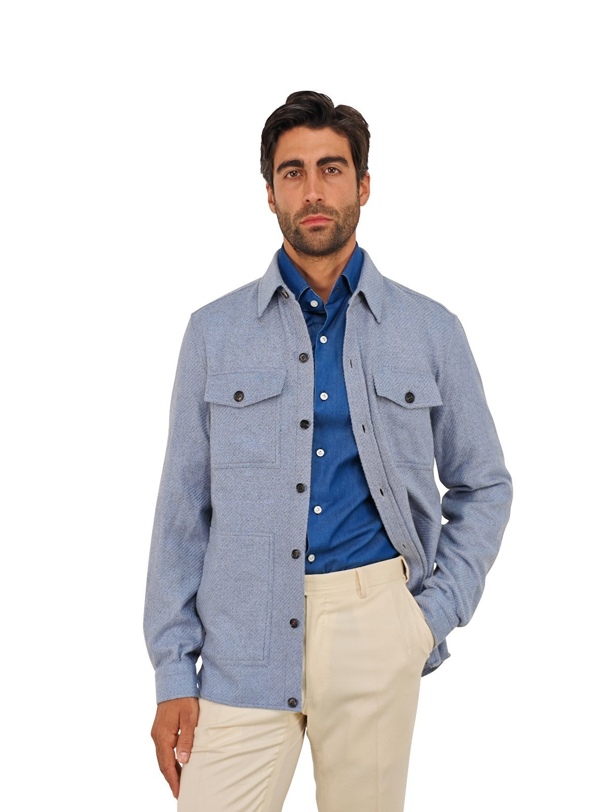 $3400 ISAIA NAPOLI Blue Hand-Sewn Knit Overshirt Jacket 100% Cashmere Size L
