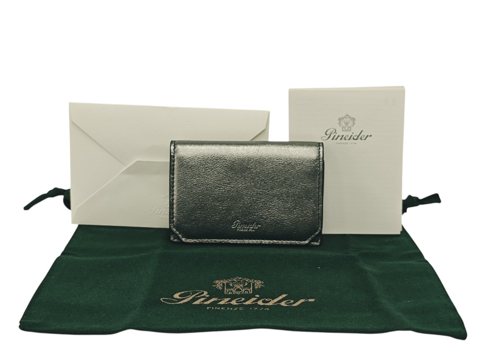 260$ PINEIDER FIRENZE 1774 Leather Folded Card Holder Laminated Silver