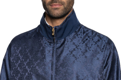2000$ ITALO FERRETTI Bomber Jacket Blue "DAMASK" 100% Silk 42 US / 52 EU BIJAN