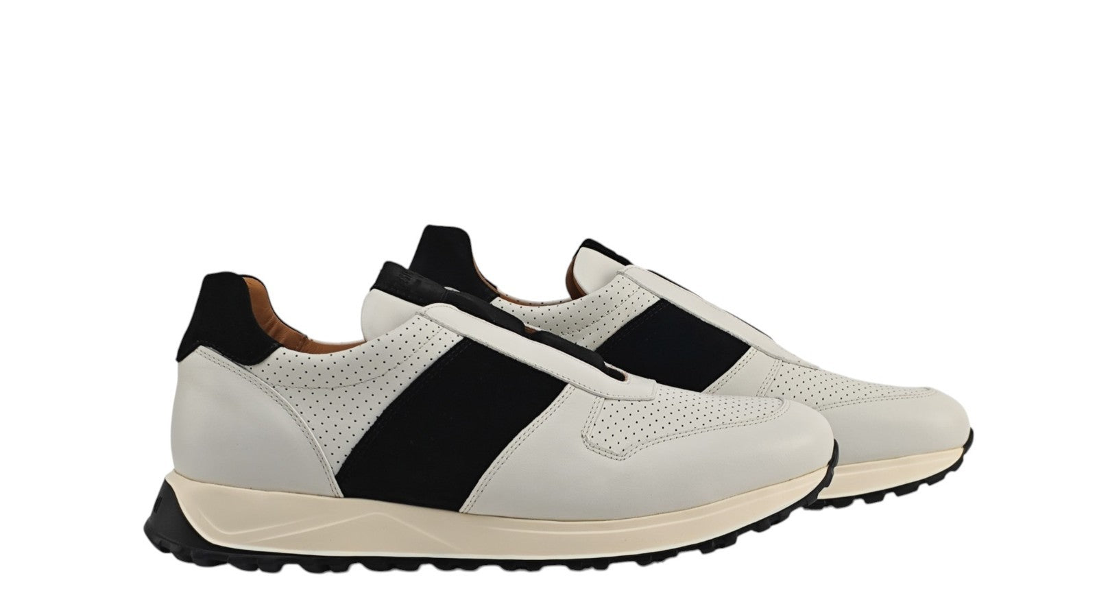 $900 TESTONI "Cuneo" White / Black Sneaker Shoes Perforated Calf & Suede