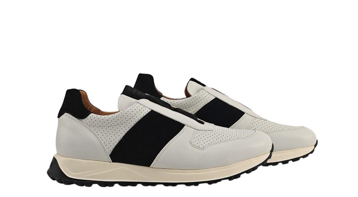 $900 TESTONI "Cuneo" White / Black Sneaker Shoes Perforated Calf & Suede