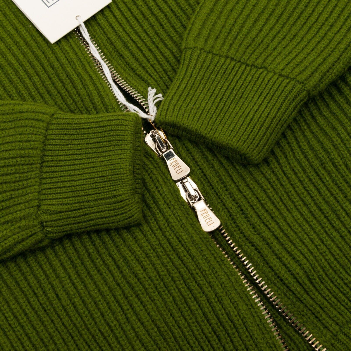 $1900 FEDELI CASHMERE Cardigan Sweater Full Zip 100% Ribbed Cashmere Pesto Green
