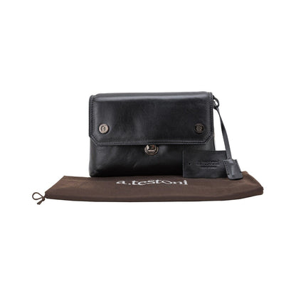 $390 Testoni Bologna Bright Black Light Calf Hand Clutch Bag Padlock with Keys