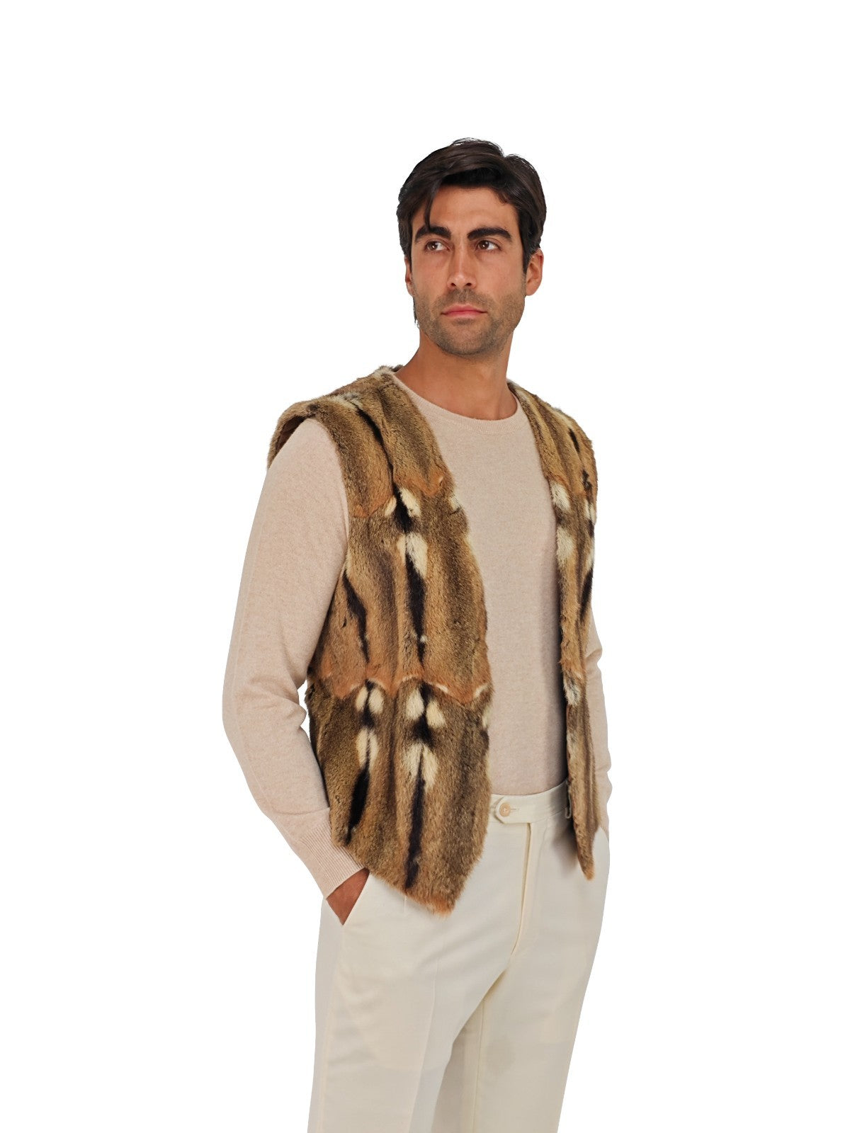 $2600 RUBINACCI Beige Vest Jacket Real Amster Fur + Silk Lining 38 US / 48 EU