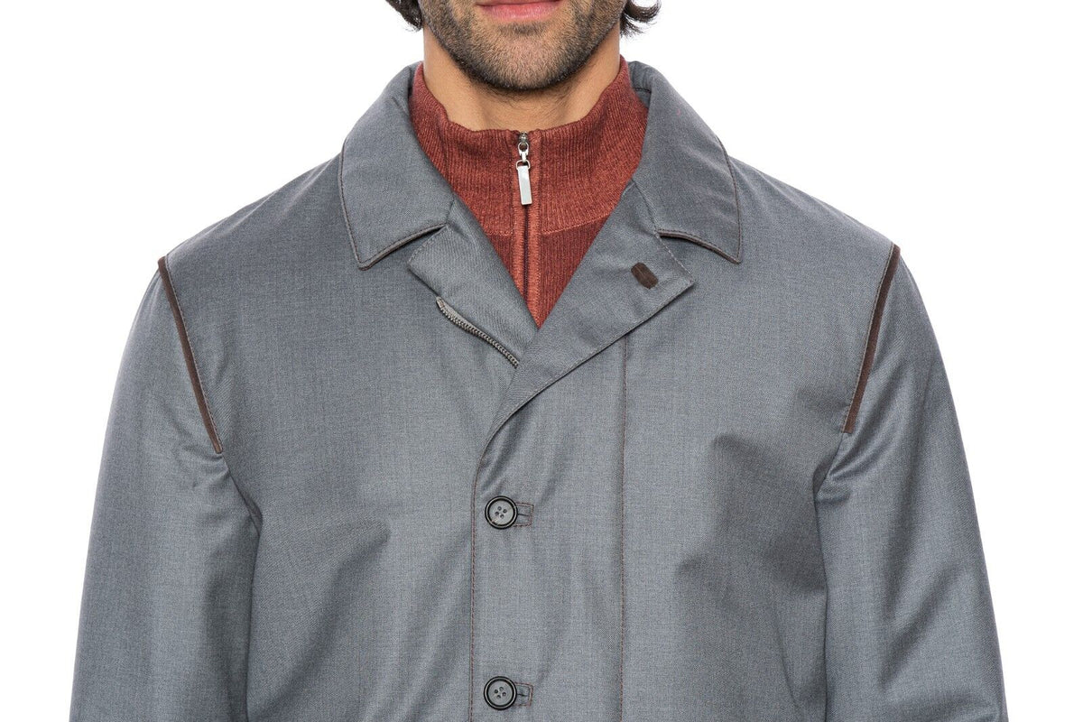 $4200 HETTABRETZ Gray Coat Wool Leather Silk Water-resistant 40 US / 50 EU Slim