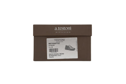 1100$ TESTONI Riace Double Monk Shoes Burnished Calf  Taupe 8 UK / 9 US / 42 IT
