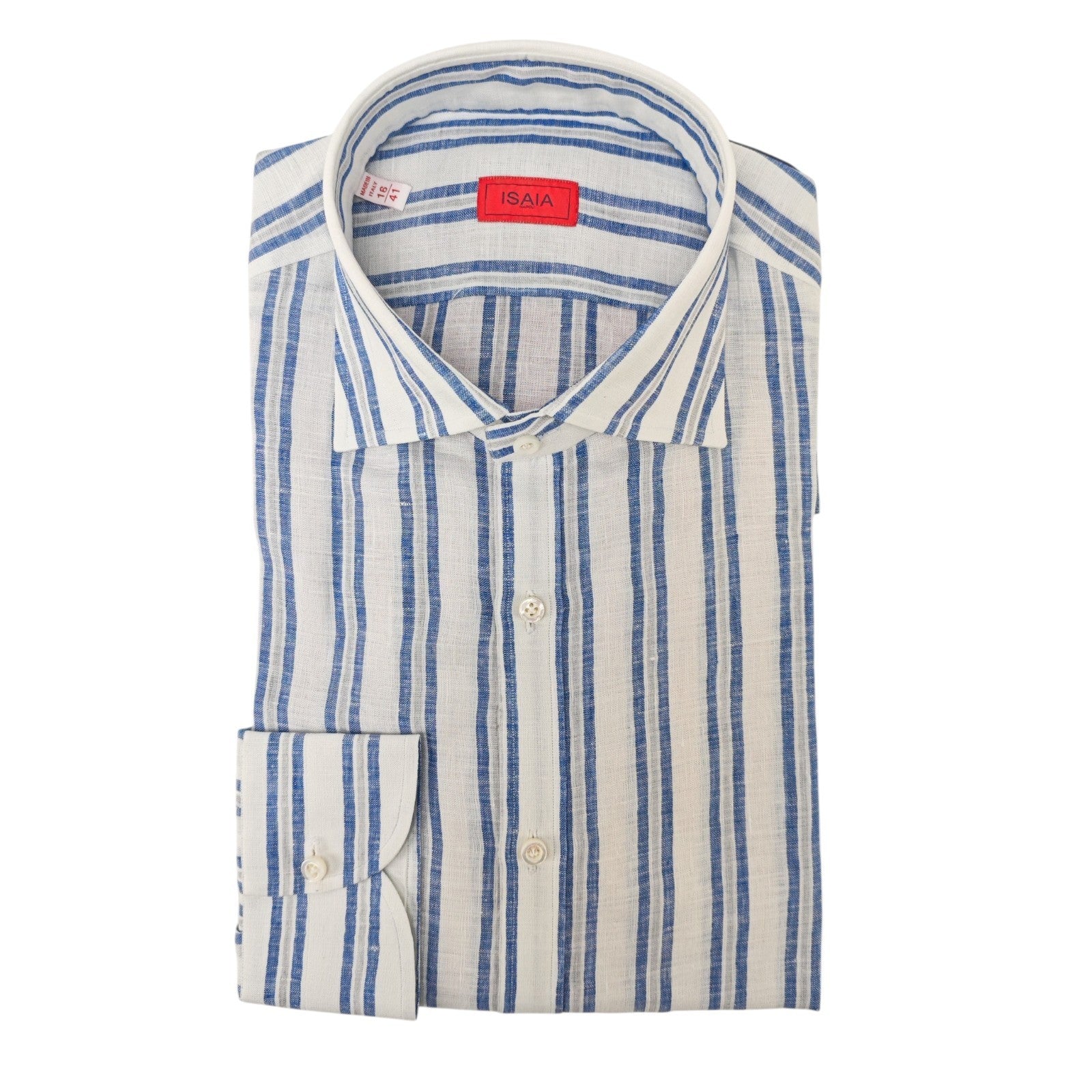 765$ ISAIA NAPOLI "Mix" Blue Dress Shirt Striped Hand-Sewn 100% Linen 16 - 41