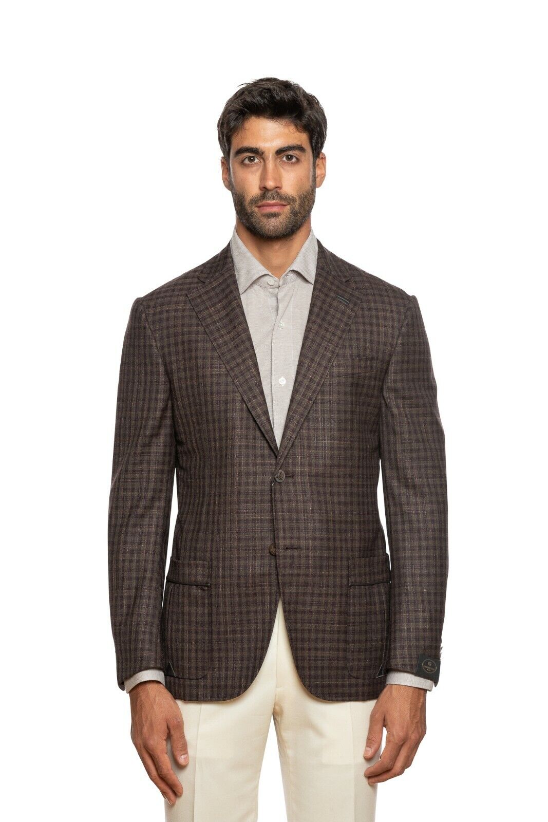 1250$ CORNELIANI Jacket Blazer Brown Checks Wool Silk + Leather 40 US / 50 EU