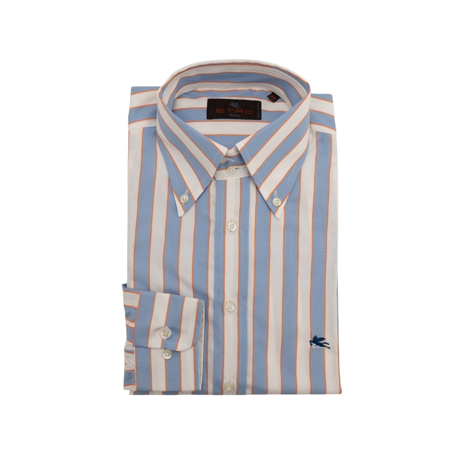 500$ ETRO MILANO Shirt Striped Shirt Blue Orange Button-Down Cotton 15.5 - 39
