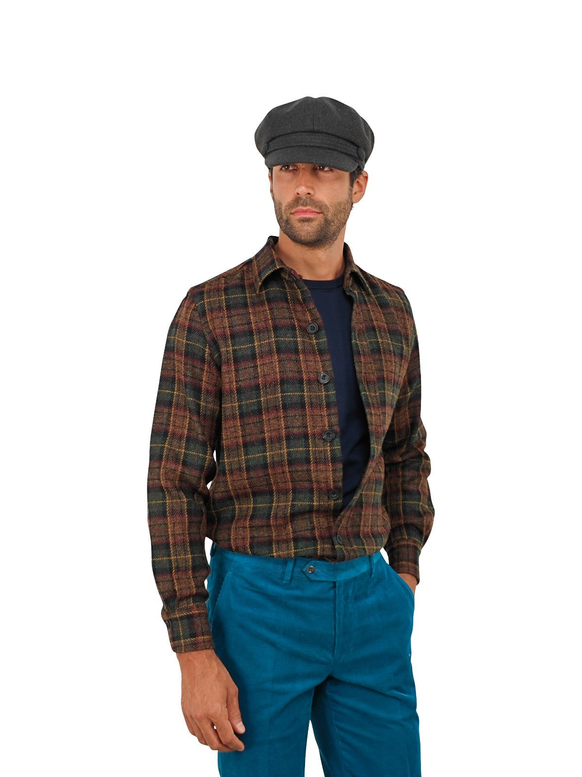 $950 RUBINACCI NAPOLI Brown Green Checks Overshirt Jacket Flannel Wool Size S