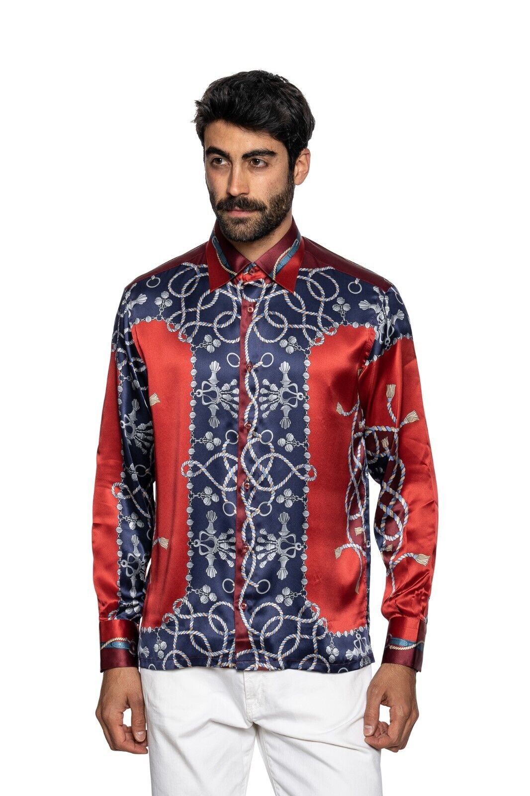 1900$ ITALIAN LUXURY FABIO CAVIGLIA Shirt Strass " CHAINS " 100% Silk Size M